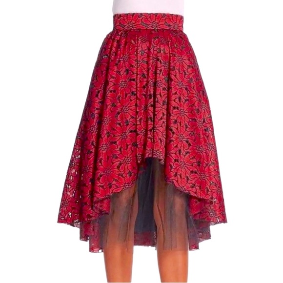 $250 ABS Lace + Tulle Hi Lo Skirt 8 Red Black Tulle Undershirt High Low Pockets - Picture 5 of 16